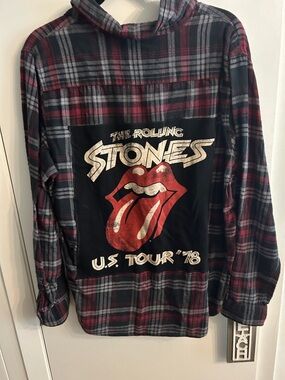 the Rolling Stones Red and Black Plaid shirt wTongue Spiral Patch xl